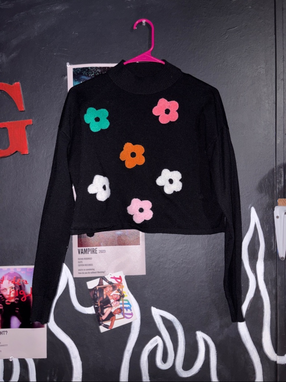 Cider Black Sweater with Pink flower Detail